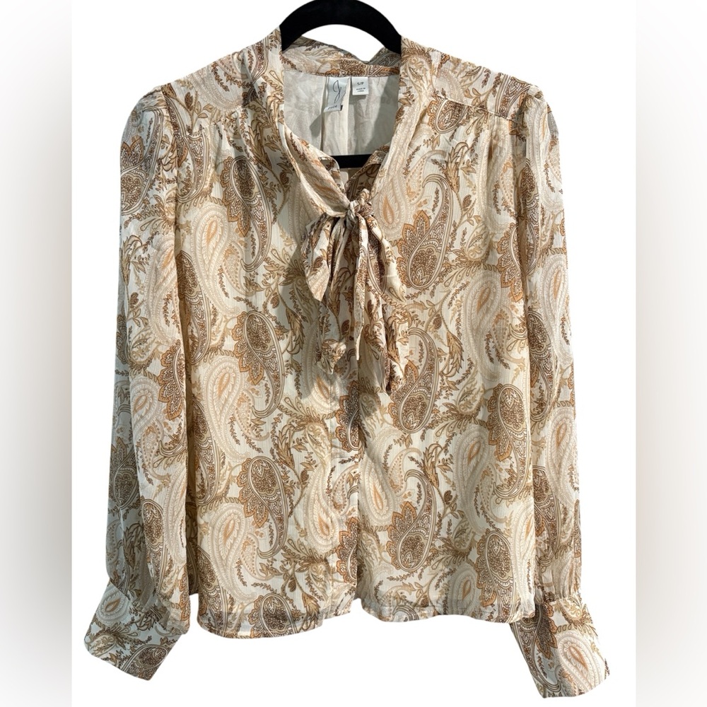 Joie Tan & White Paisley Long Sleeve‎ Button Down Blouse- Size Small
